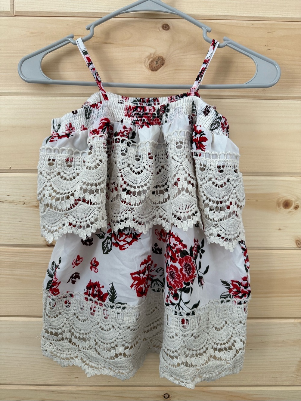 No Boundaries White Tank Top with Red Floral Print and Cream Lace